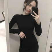 Hồng Kông-hương vị mới của Hàn Quốc phiên bản của mùa thu dress nữ chic vòng cổ dài tay căng chặt chẽ skinny vênh váy dài thủy triều