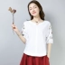 2019 mùa hè mới cộng với kích thước của phụ nữ thêu văn học cotton và vải lanh T-shirt retro lỏng lẻo và mỏng đầu tay áo - Áo sơ mi Áo sơ mi