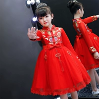 Демисезонное платье, зимняя детская флисовая юбка, красный наряд маленькой принцессы, ципао, китайский стиль, в западном стиле