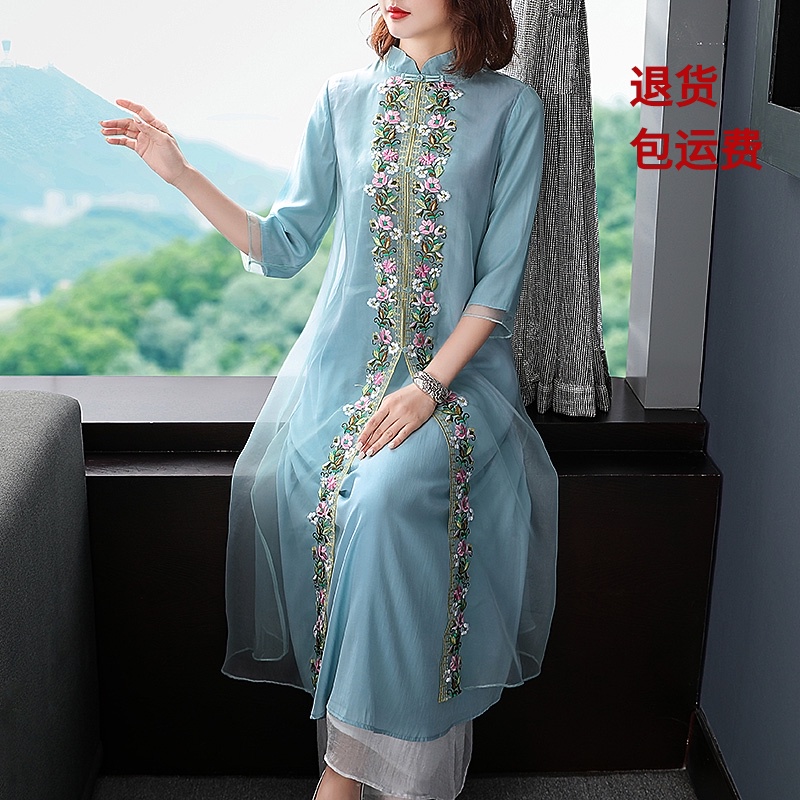 Cheongsam, ethnic retro dress, skirt, Chinese style, ethnic style, with embroidery, loose fit, A-line