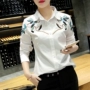 Đầu xuân 2019 mới của phụ nữ Hàn Quốc áo sơ mi trắng thêu nữ dài tay cỡ lớn được thêu mỏng áo sơ mi nữ dài tay màu trắng