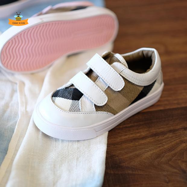 White2020 Autumn  children men and women child heavy industry lattice canvas shoe Velcro pigskin soft sole student Kick on skate shoes