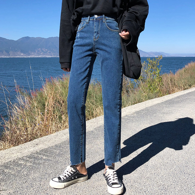 实拍n9111 2019春季新款直筒修身显瘦裤脚u型不规则高腰牛仔裤