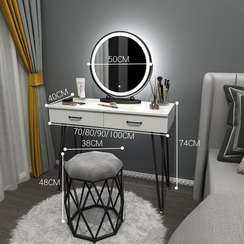 Black Iron 80 Table + Three Color LED Mirror + ChairNorthern Europe dresser bedroom Internet celebrity Ins wind Modern simplicity Large-sized apartment Dressing table female small-scale dresser With lamp