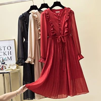 Ретро шифоновое платье, длинная красная осенняя юбка, французский ретро стиль, 2020, городской стиль, средней длины