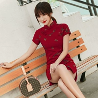 Ципао, модное короткое красное платье, коллекция 2021, облегающий крой