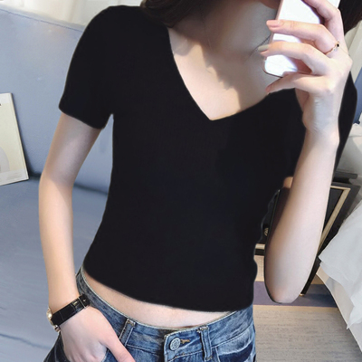 夏装短款纯棉黑色高腰短袖t恤女修身漏肚脐v领半袖性感露脐上衣潮