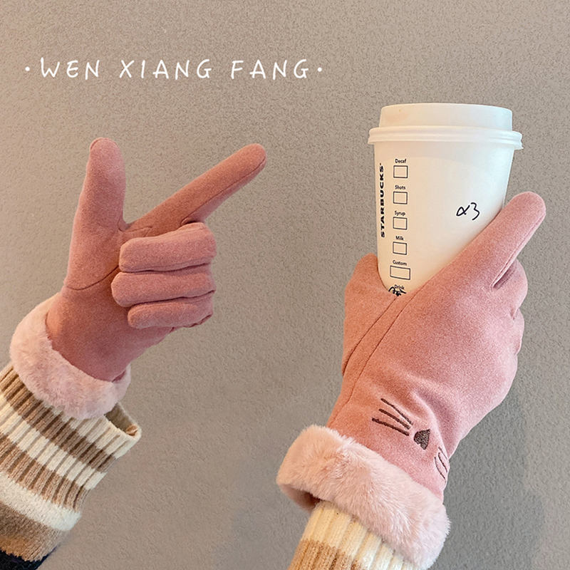 ถุงมืออุ่นหนาน่ารัก ถุงมือขี่รถ แฟชั่นฤดูใบไม้ร่วงและฤดูหนาว 手套秋冬天女加厚保暖骑行ins可爱加绒骑车电动防寒五指触屏冬季 ถุงมืออุ่นหนาน่ารัก ถุงมือขี่รถ แฟชั่นฤดูใบไม้ร่วงและฤดูหนาว