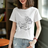 の [TX192941MG] cười Hange phác thảo gió giản dị thoải mái thêu mô hình phim hoạt hình lụa cotton T-Shirt mùa hè áo phông rộng