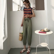 Đặt nữ mùa hè mới của Hàn Quốc phiên bản của tự trồng sọc đan áo + ren cao eo quần chân chín điểm quần âu