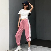Phụ nữ Hàn Quốc mùa hè bên dây đai mỏng giảm béo đoạn ngắn rốn ngắn tay t- shirt + pink chín- điểm thể thao quần phù hợp với