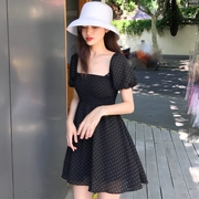 Ăn mặc nữ mùa hè mới của Hàn Quốc phiên bản của puff tay áo mỏng điểm sóng váy khí vuông cổ áo ngắn tay cao eo Một từ váy