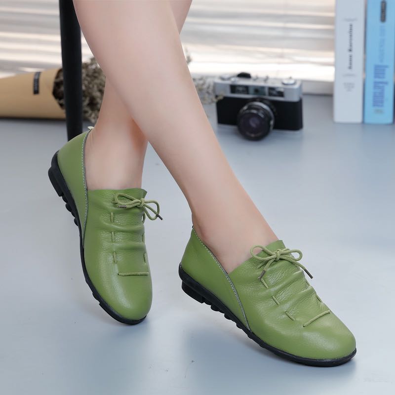 Emerald GreenWomen Doug shoes 2018 spring and autumn soft sole Small leather shoes Mom shoes Flat bottom Single shoes genuine leather Shoes for pregnant women leisure time Women's Shoes