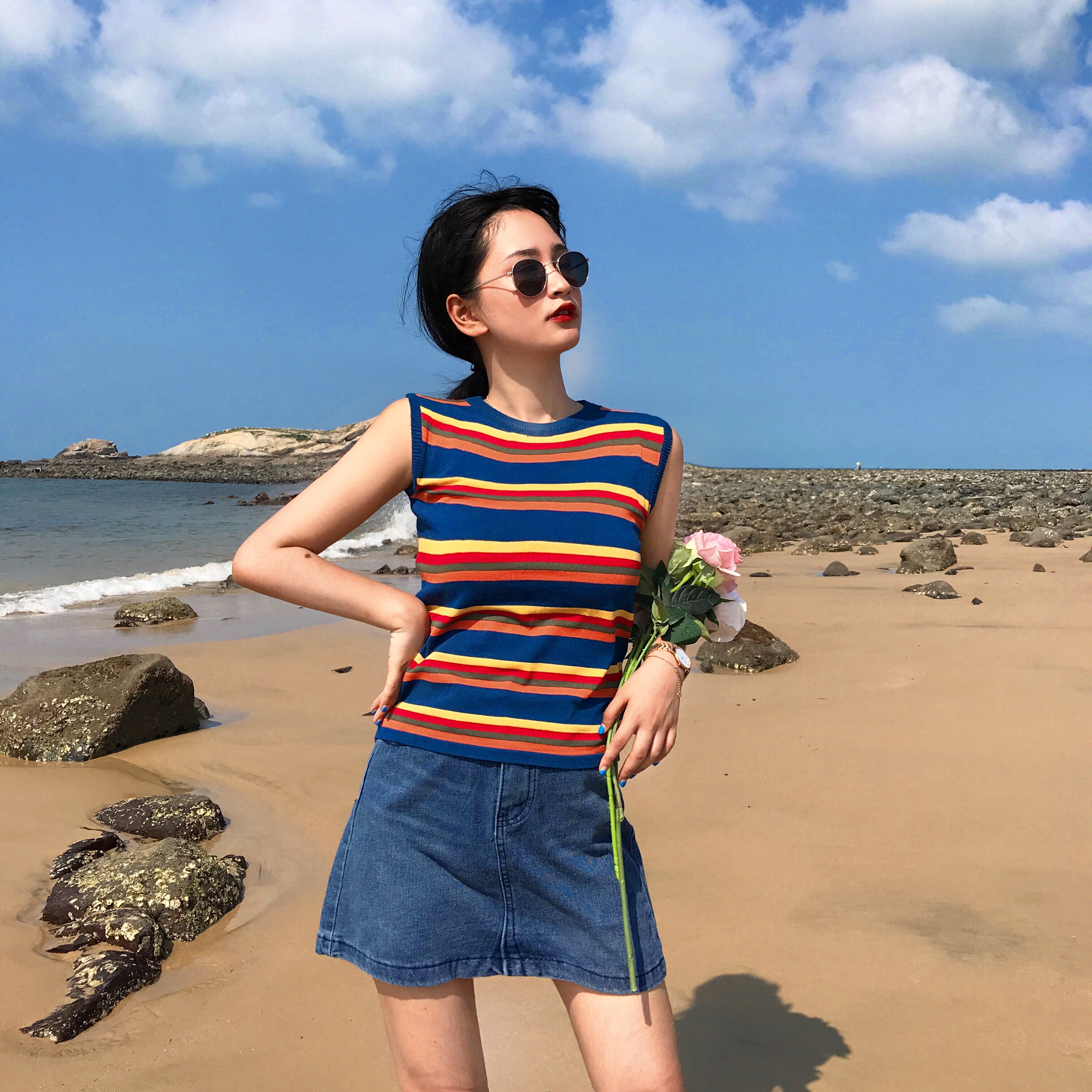 无袖背心上衣女学生韩版2018新款夏装宽松外穿小清新条纹针织t恤