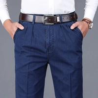Эластичные джинсы, летние тонкие штаны, для среднего возраста, высокая талия, свободный прямой крой