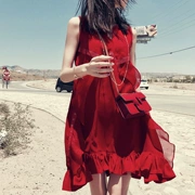 Bà bầu mùa hè váy búp bê Váy đi biển bên bờ biển kỳ nghỉ Váy voan đỏ tay áo bà bầu - Áo thai sản