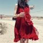Bà bầu mùa hè váy búp bê Váy đi biển bên bờ biển kỳ nghỉ Váy voan đỏ tay áo bà bầu - Áo thai sản dam bau