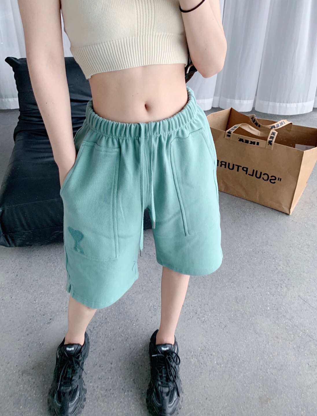 Mint GreenAmi2021 Spring and summer New products Great love Peach heart A letter Embroidery men and women leisure time motion shorts Capris