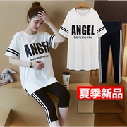 Phụ nữ mang thai mùa hè phù hợp với mô hình thời trang 2018 new cotton áo sơ mi phụ nữ mang thai mùa hè giải trí thể thao hai bộ triều mẹ