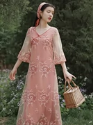 Ngách Pháp là váy lưới thêu sườn xám rất đẹp Victoria váy Pháp váy platycolo mùa hè - Sản phẩm HOT