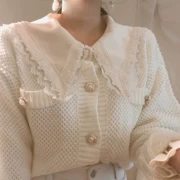Ghost Horse Girl ~ Korea chic mùa thu khí chất cổ tròn đan áo len + áo sơ mi tay lửng ren