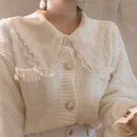 Ghost Horse Girl ~ Korea chic mùa thu khí chất cổ tròn đan áo len + áo sơ mi tay lửng ren áo gile len nữ
