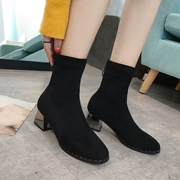 Booties nữ xuân 2019 mới dày với bốt Martin cao gót co giãn cao gót nhọn mũi nhọn