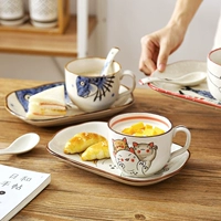 [一人食手绘日式陶瓷马克杯大容量带勺盖家用燕麦杯早餐杯甜品牛奶]