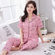 Mùa hè bông đồ ngủ của phụ nữ ngắn tay quần cotton cardigan hai mảnh phần mỏng lỏng bên ngoài mặc dịch vụ nhà phù hợp với