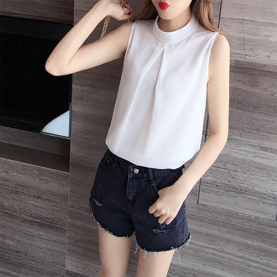 白色无袖雪纺衫女夏2018韩版超仙圆领露肩上衣显瘦气质职场衬衫潮-淘宝网
