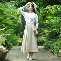 Приталенная весенняя летняя ретро свежая длинная юбка, из хлопка и льна, высокая талия