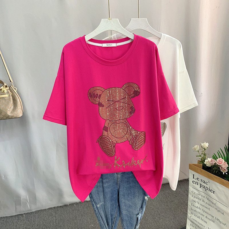 Rose RedChaopai Hot drilling Bear Short sleeve T-shirt female Medium and long term 2021 Spring and summer new pattern easy Show thin Versatile Big size jacket