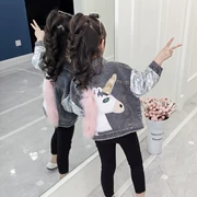 Quần áo trẻ em nữ denim denim 2019 quần áo mùa thu mới của Hàn Quốc Trẻ em trẻ em sequin denim kỳ lân - Áo khoác