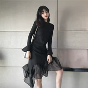 Retro Hồng Kông hương vị mùa thu và mùa đông của phụ nữ lưới khâu đuôi cá màu đen váy dài eo cao là đáy váy mỏng thủy triều