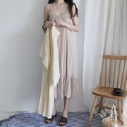 Retro Hồng Kông hương vị Hàn Quốc chic phong cách V-Cổ nhẹ nhàng màu rắn nhăn sling dress nữ hoang dã ăn mặc