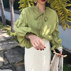 Hồng Kông-hương vị sang trọng Hàn Quốc tính khí vòng cổ với phun tay áo phụ nữ hoang dã lỏng tay dài tay áo mỏng áo sơ mi