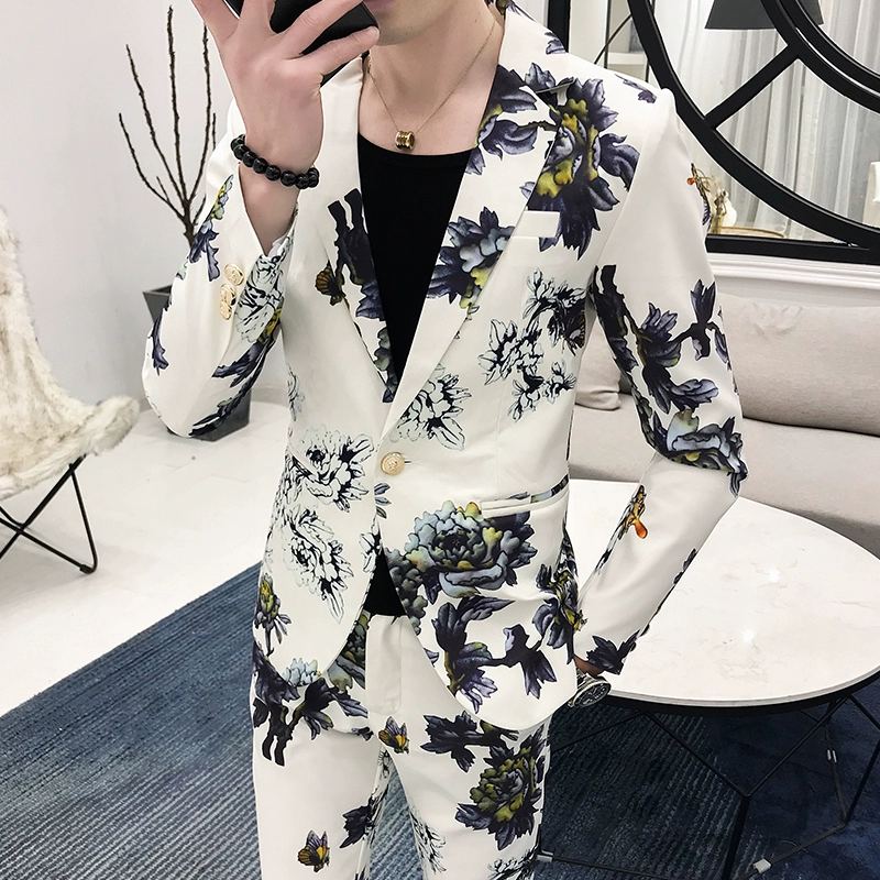 Mùa xuân 2019 cá tính hoa phù hợp với nam hai bộ đồ phù hợp với nhà tạo mẫu tóc nhỏ phù hợp với nam giới - Suit phù hợp