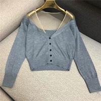 Ins siêu cháy vai áo sơ mi nữ micro trong suốt áo len gợi cảm áo len rỗng cổ chữ V rò rỉ áo len len - Đan Cardigan áo len nữ form rộng