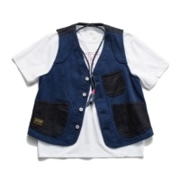 Retro nhuộm màu xanh gai dứa kendo dụng cụ vest denim nhiều túi khâu vest nam và nữ áo khoác - Dệt kim Vest ao khoac len nam