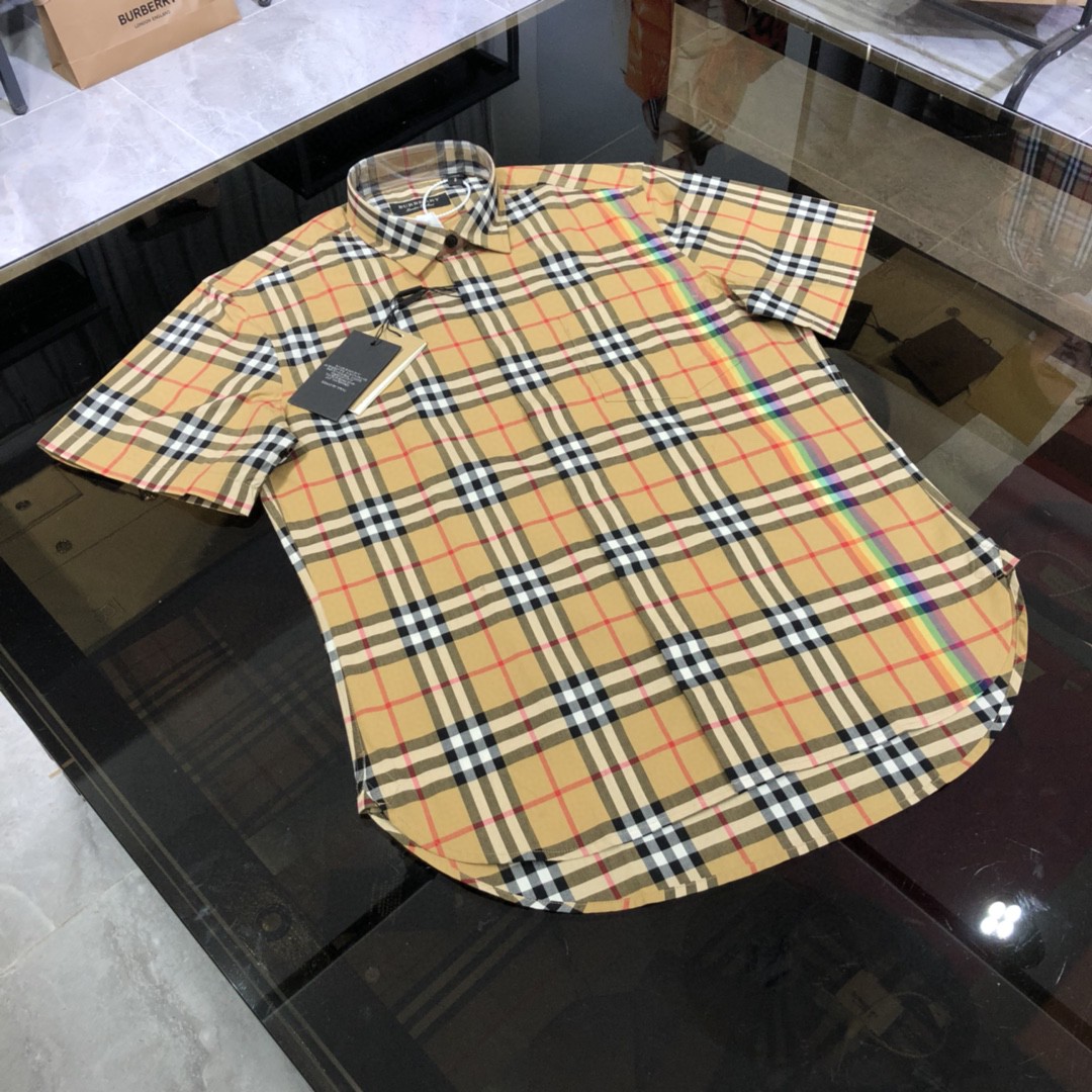 Rainbownew pattern Europe and America lattice shirt men's wear home Short sleeve lovers classic letter rainbow Britain Check pattern Big size shirt b