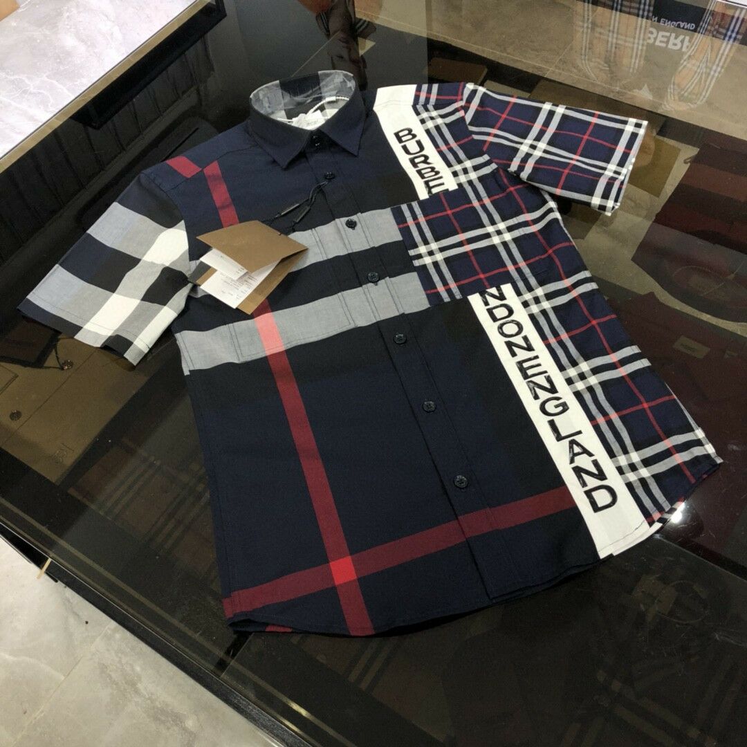 Elegant Bluenew pattern Europe and America lattice shirt men's wear home Short sleeve lovers classic letter rainbow Britain Check pattern Big size shirt b