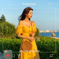 Trái tim của cô gái MORAN grabs màu vàng ít sexy Hàn Quốc chic retro eo dài đơn ngực đầm váy chiết eo cao	