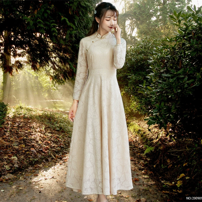 Váy mùa thu của phụ nữ Trung Hoa phong cách với váy khóa đĩa cổ boutique phong cách Trung Quốc cải tiến sườn xám váy mùa xuân retro - Váy dài