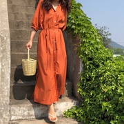 Mùa hè Sản Phẩm Mới Hàn Quốc chic Pháp Thanh Lịch Tối Giản Màu Rắn Đơn Ngực Xếp Li Cổ Áo Sơ Mi Dress