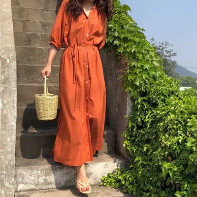 Mùa hè Sản Phẩm Mới Hàn Quốc chic Pháp Thanh Lịch Tối Giản Màu Rắn Đơn Ngực Xếp Li Cổ Áo Sơ Mi Dress váy dạ hội Sản phẩm HOT