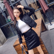 Nữ thần phù hợp với mùa thu Hàn Quốc thời trang khí chất PU da dài tay áo cardigan ngắn tay cao eo túi đeo hông váy hai mảnh