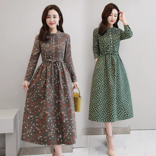 Платье, длинный весенний лонгслив, осенний хлопковый корсет, в цветочек, с рукавом, в корейском стиле, по фигуре, А-силуэт