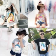 Ivan quần áo trẻ em mùa hè gia đình mới đầy đủ gia đình trang bị ngắn tay T-Shirt sơn dầu phim hoạt hình gia đình của bốn gia đình triều
