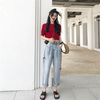 Mùa hè 2018 mới Hàn Quốc giản dị hoang dã quần jeans cạp cao nữ retro quần lửng ống rộng quần học sinh chân váy jean đẹp