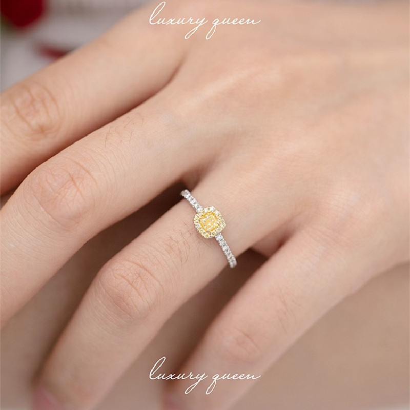 French Entry Luxury Yellow Diamond Ring Women's Pink Small Square Sugar Diamond Ring Fine 1 karat Square Diamond Simulation Diamond Zircon Group Set